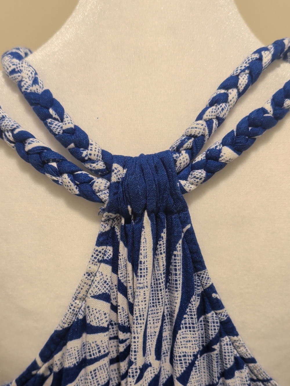 Blue and white Palm-Print V-Neck Midi Dress with Braided Straps - Picture 6 of 11